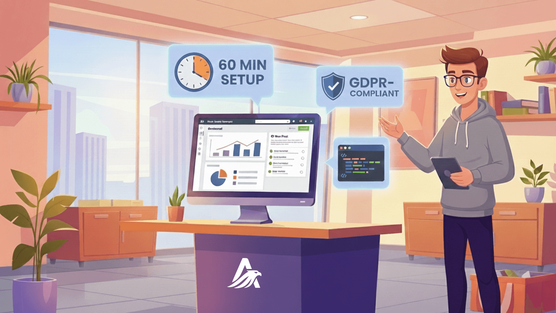 An illustration of a specialist in a modern office setting next to a computer monitor displaying an analytics dashboard. Floating digital bubbles highlight „60 MIN SETUP“ and „GDPR-COMPLIANT,“ representing a fast and legally compliant Meta Pixel installation for UK small businesses.