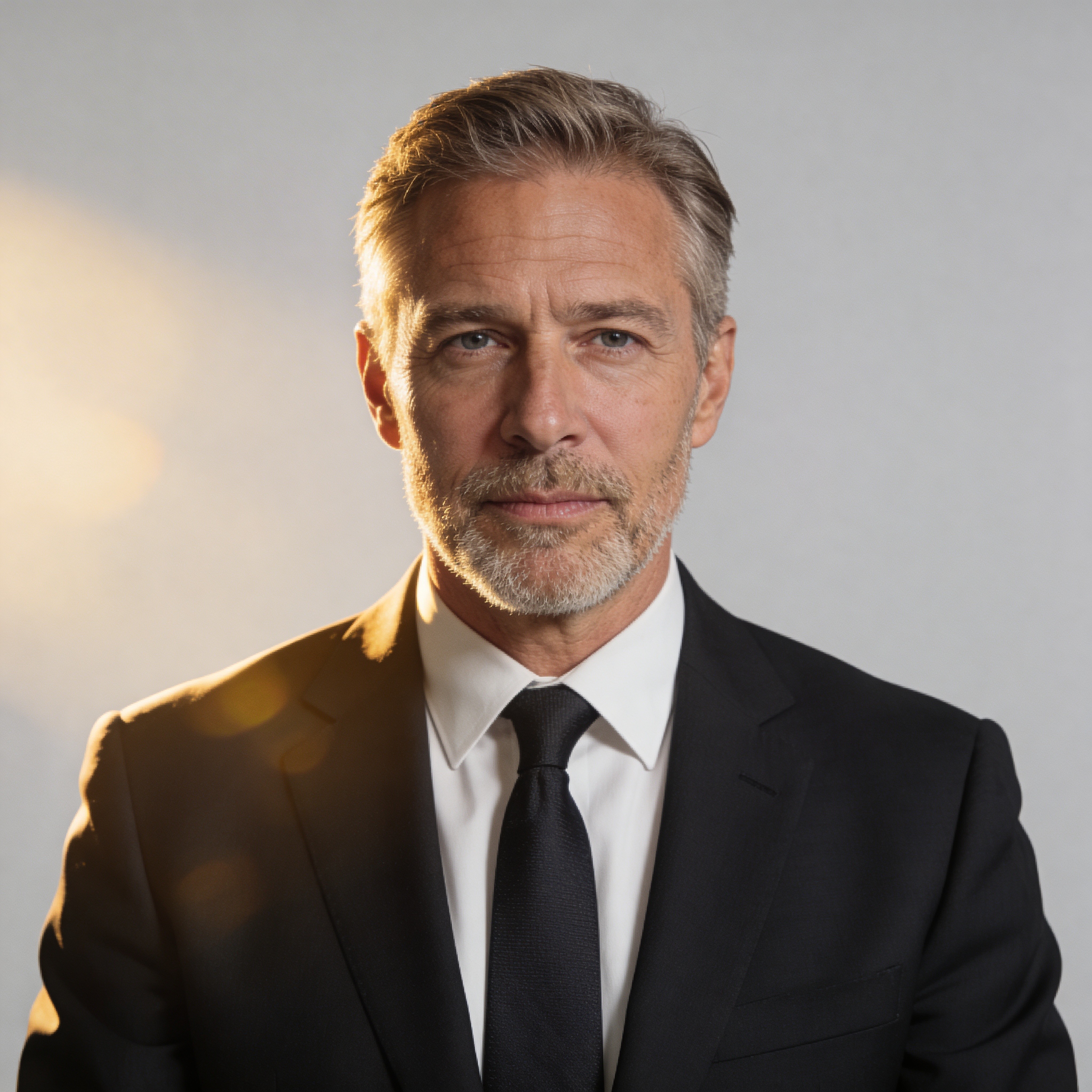 Mature businessman with light beard in a formal suit, serious and confident portrait with warm lighting