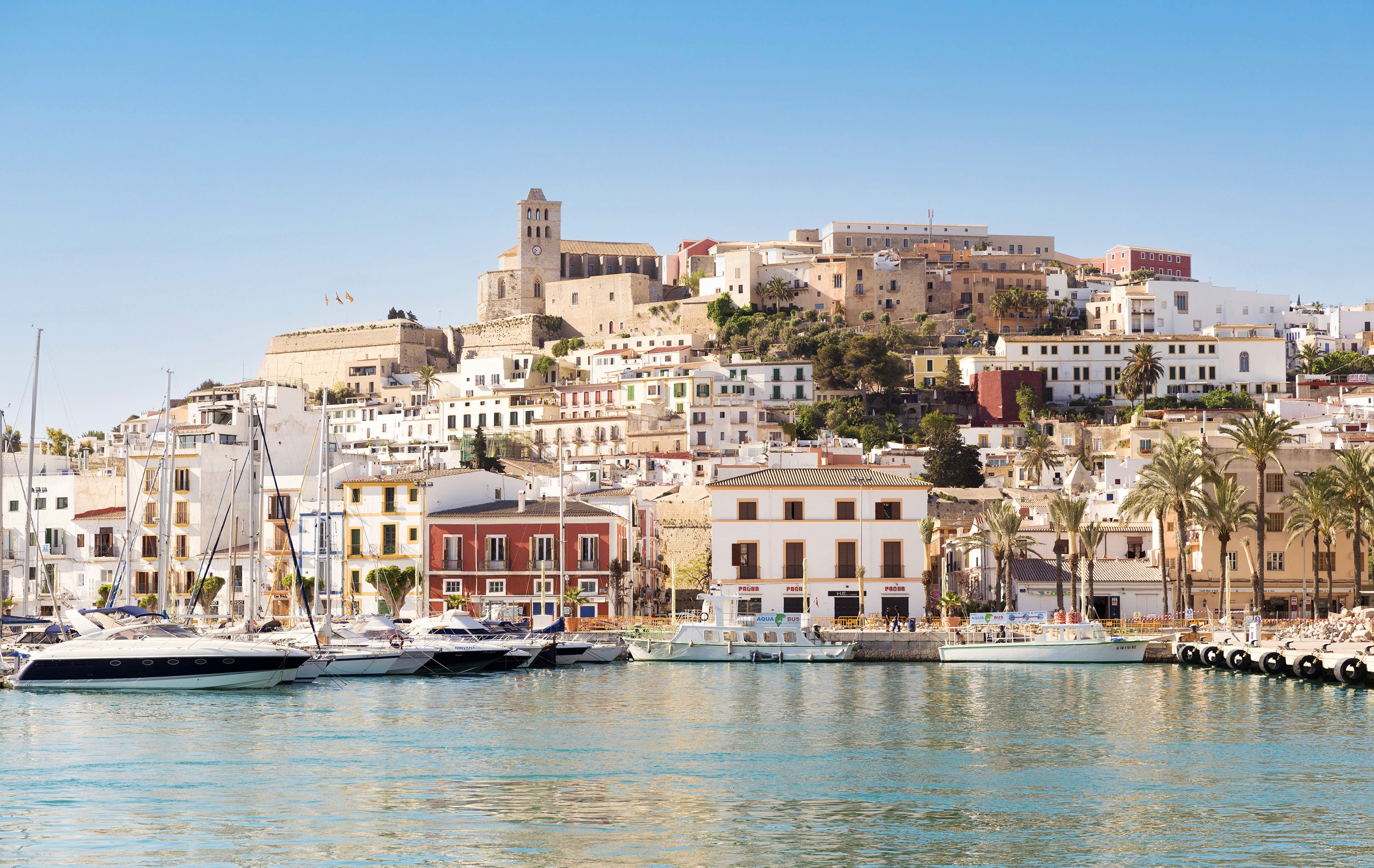 Vista del puerto de Ibiza y Dalt Vila con barcos en la marina y el casco antiguo al fondo.