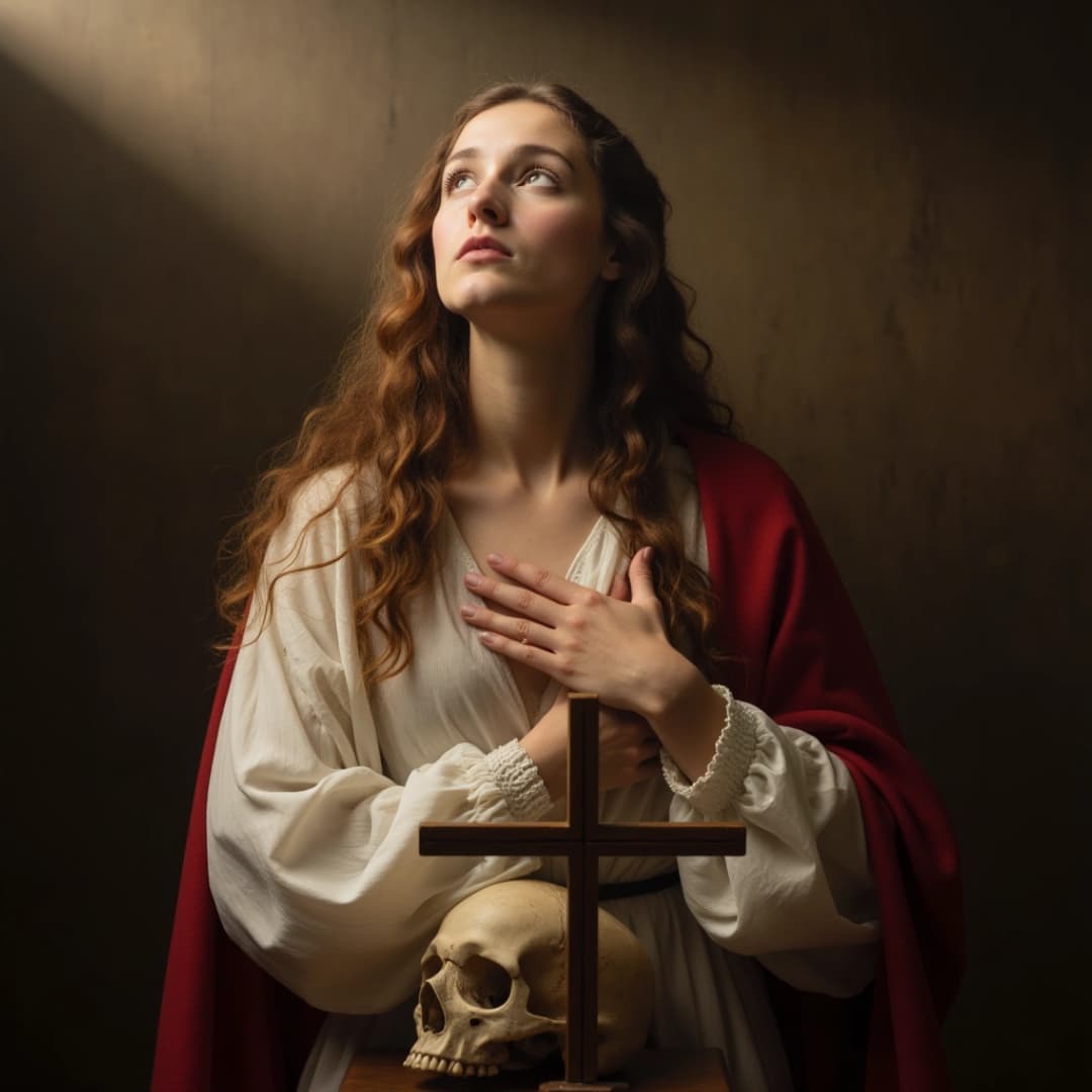 eine nachdenkliche Frau mit totenschädel auf ihrem schoss und ein holzkreuz davor