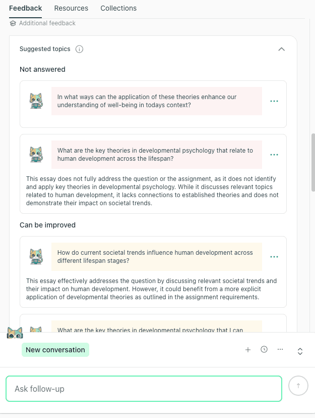 thesify Feedback panel showing suggested topics marked “Not answered” and “Can be improved.
