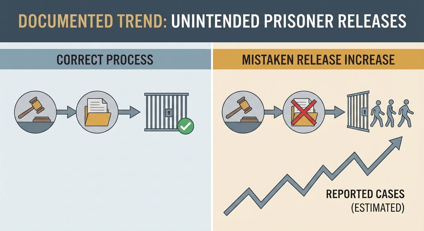 middle infographic illustrating the increase in mistaken prisoner releases