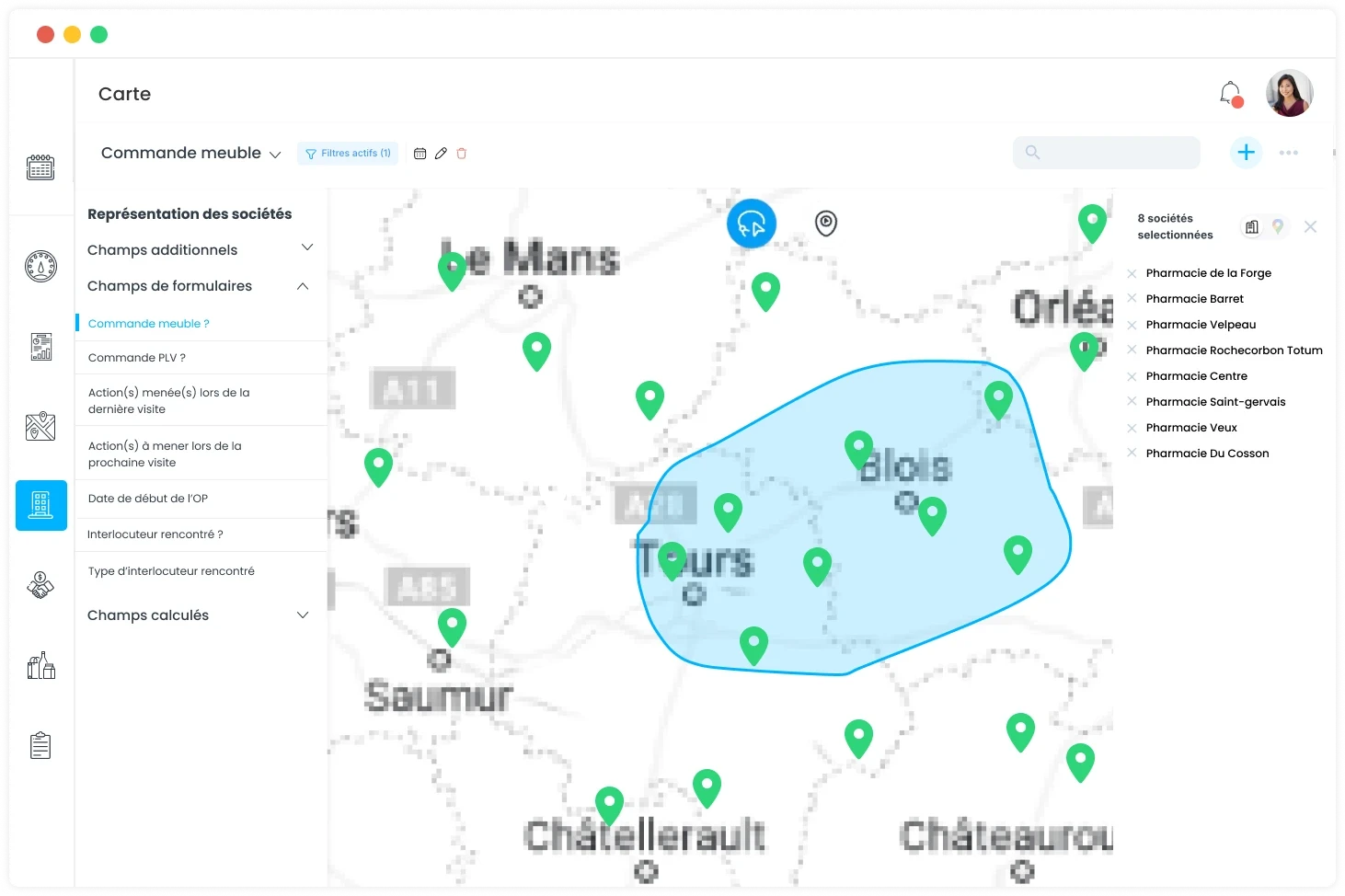 Exemple de la vue cartographique d'un commercial sur son CRM qui organise sa tournée