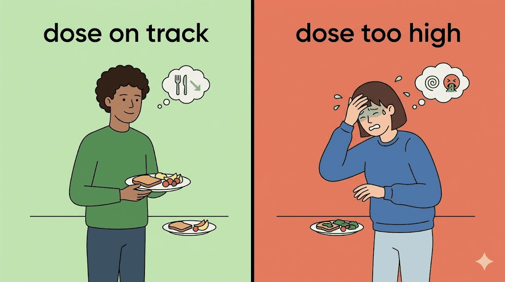 Comparison of tirzepatide dose that is appropriate versus tirzepatide dose that is too high showing different symptom responses