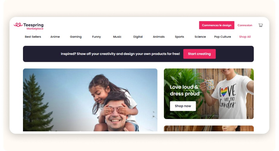 Teespring marketplace homepage