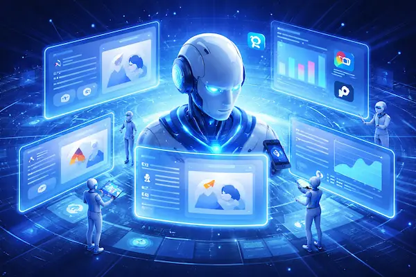 AI-driven ad automation platform visual showing autonomous agents managing creative production, media buying, and performance optimization across digital advertising channels.