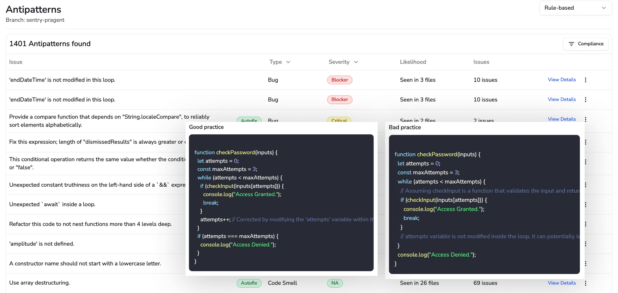 Code quality dashboard showing antipattern detection, autofix suggestions, and bulk rule application across multiple repositories in CodeAnt AI.