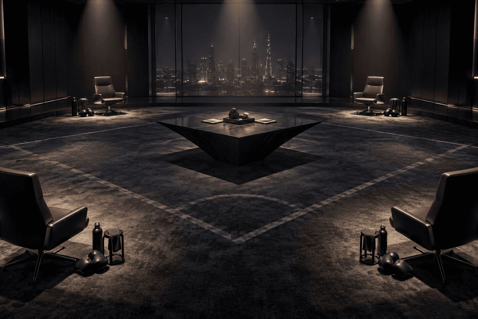 An empty executive room arranged around marked opposing corners, with a city beyond.
