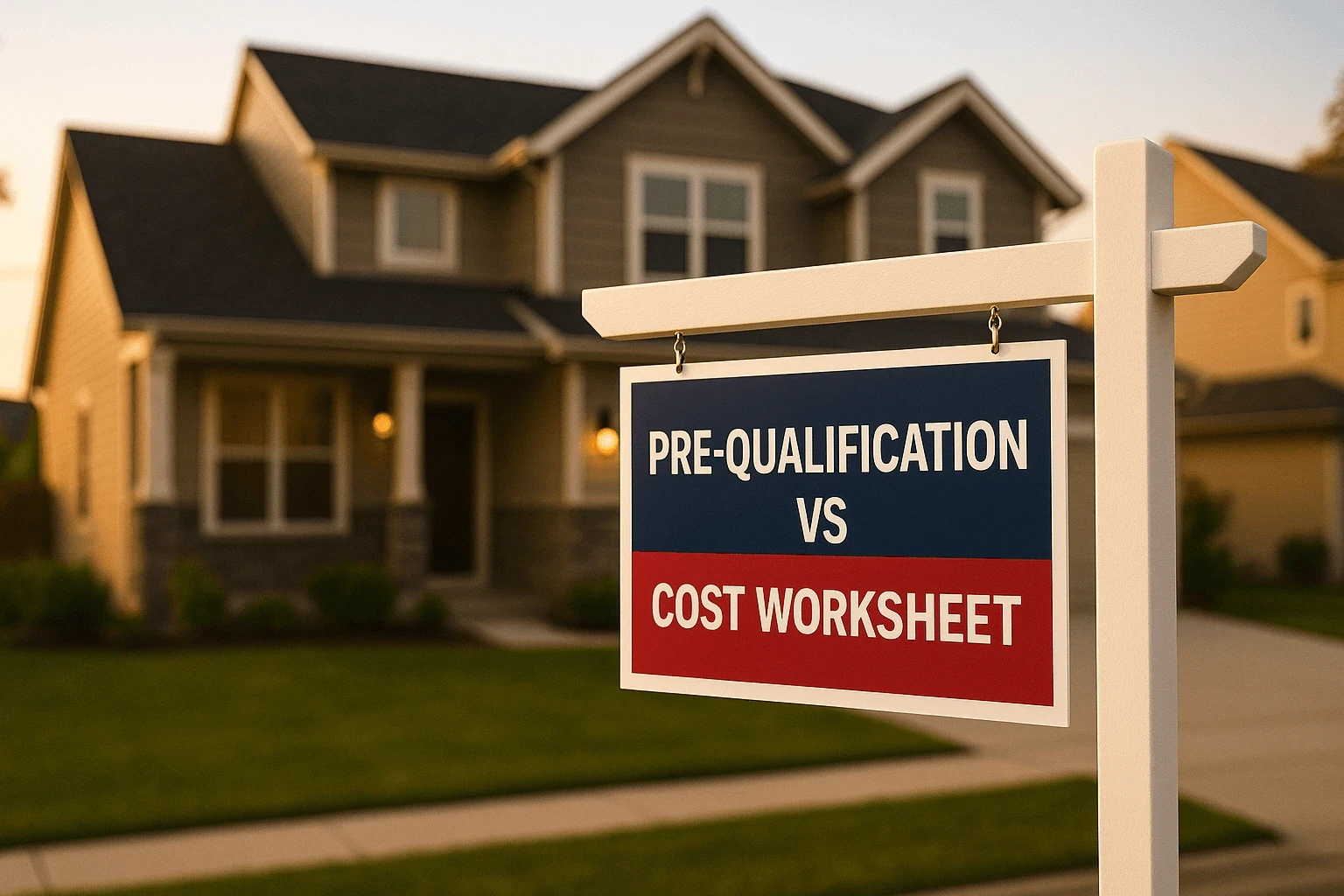 Real estate sign in front of a house displaying the words “Pre-qualification vs. Cost Worksheet”.