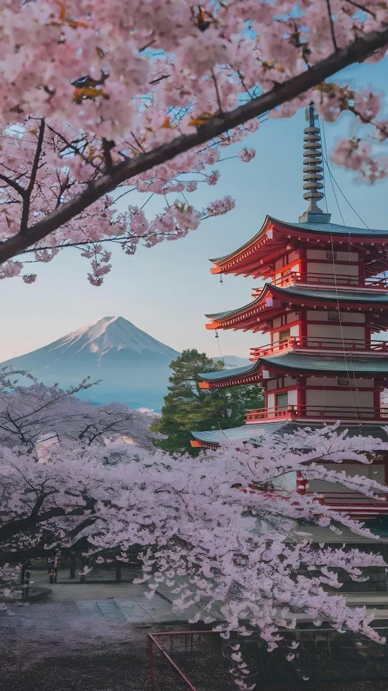 Templo tradicional japonês com Monte Fuji ao fundo na primavera