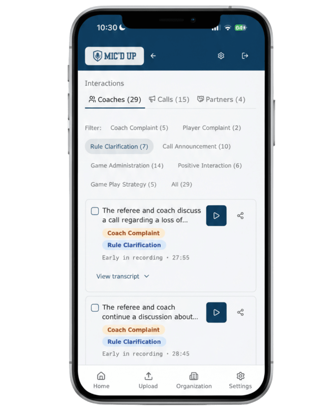 Phone mockup with a notification of incident from Mic'd Up.