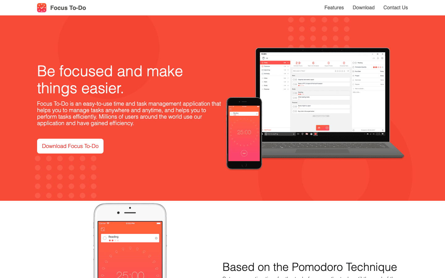 Focus To-Do website showing Pomodoro timer and task management
