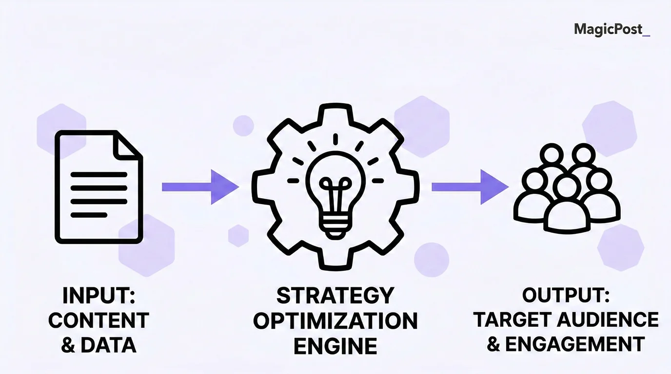 Diagram showing a LinkedIn content marketing strategy converting content and data into target audience engagement through a strategy optimization engine
