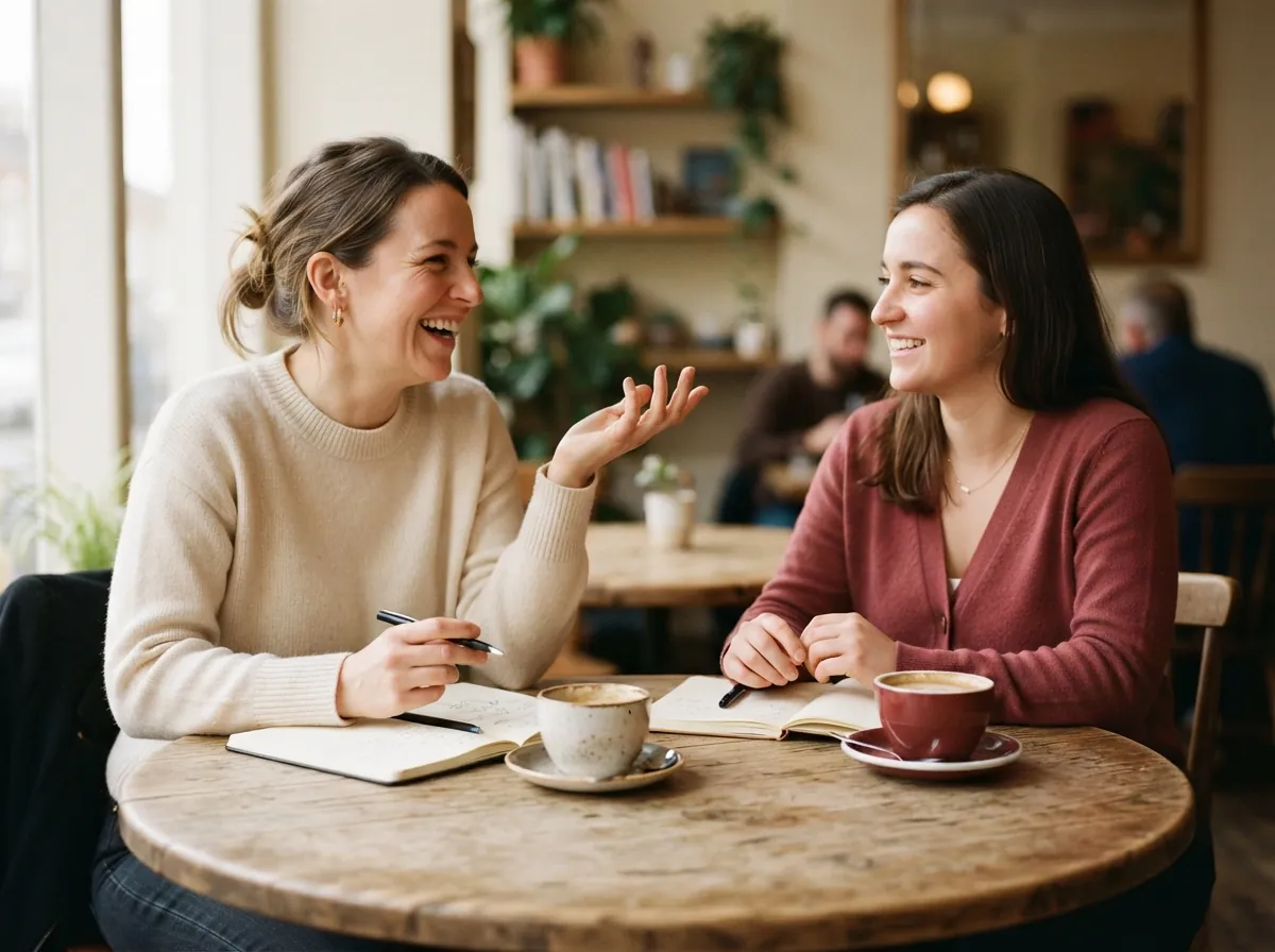 Two people talking at a round table during a first meeting