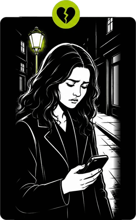 She looks down at her phone, disappointed