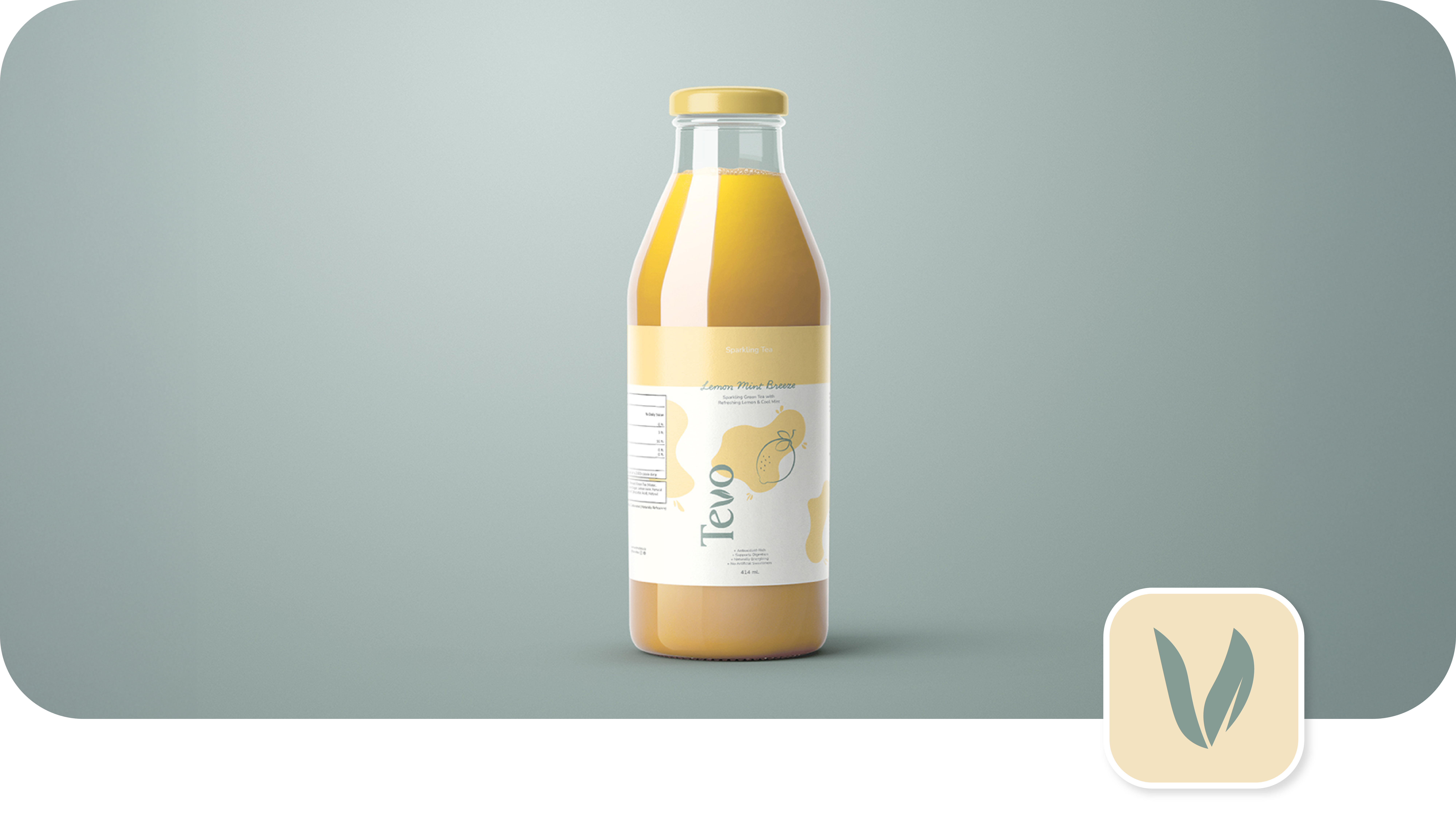 Bottle of Tevo lemon mint essence with a golden cap and light yellow liquid.