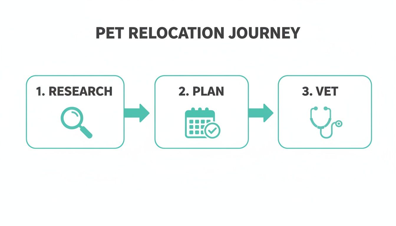 A diagram illustrating the pet relocation journey, covering research, planning, and vet visits.