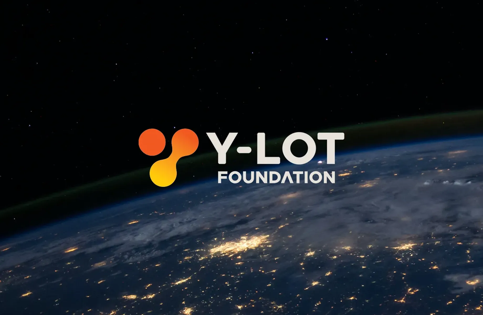 Y-LOT Foundation visual identity card – interconnected overlapping shapes in warm orange-purple gradient on starry background symbolising Deep Tech unity by Teatime Studio.