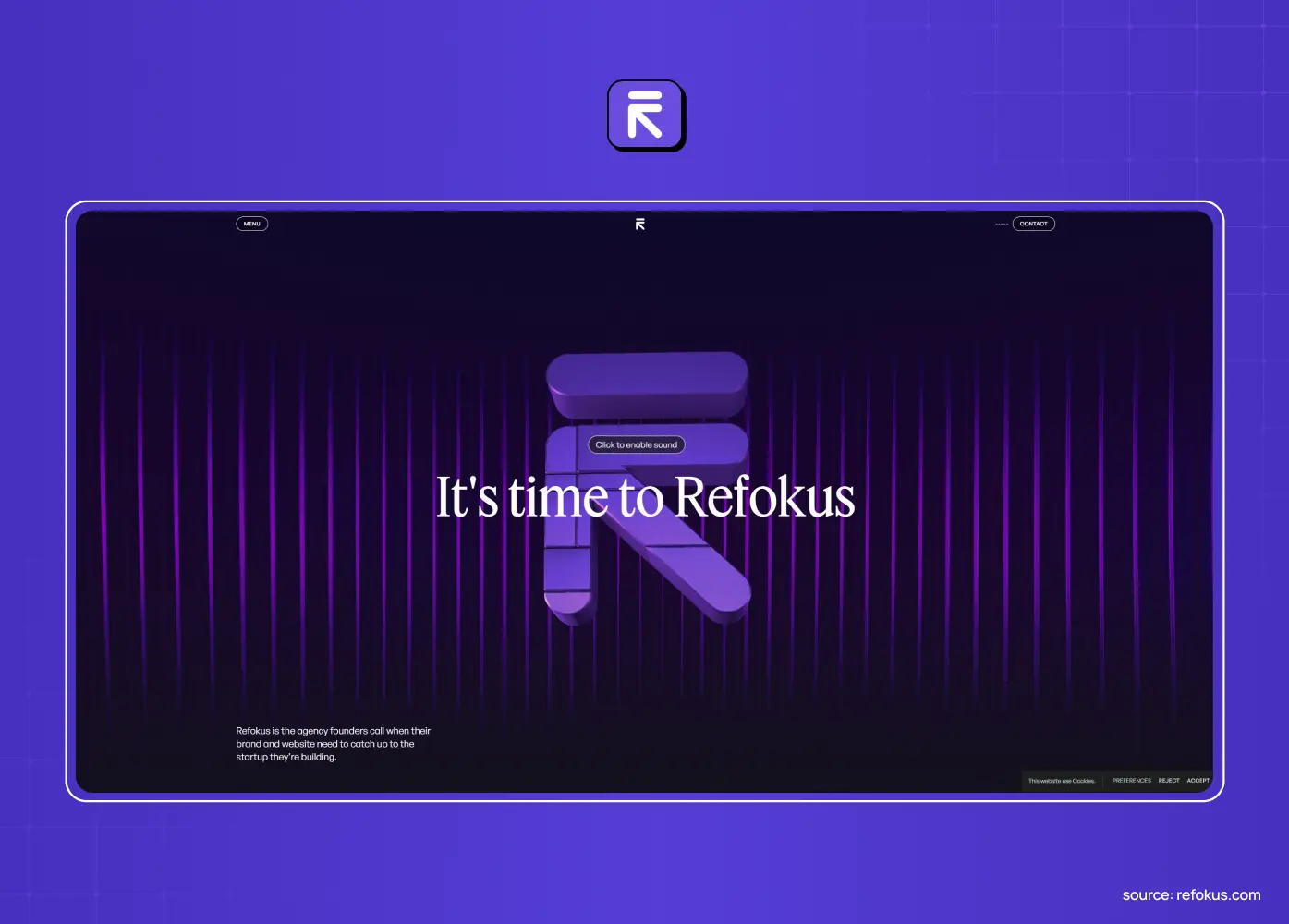 Refokus website featuring a purple 3D logo, glowing vertical lines, and the headline “It’s time to Refokus.”