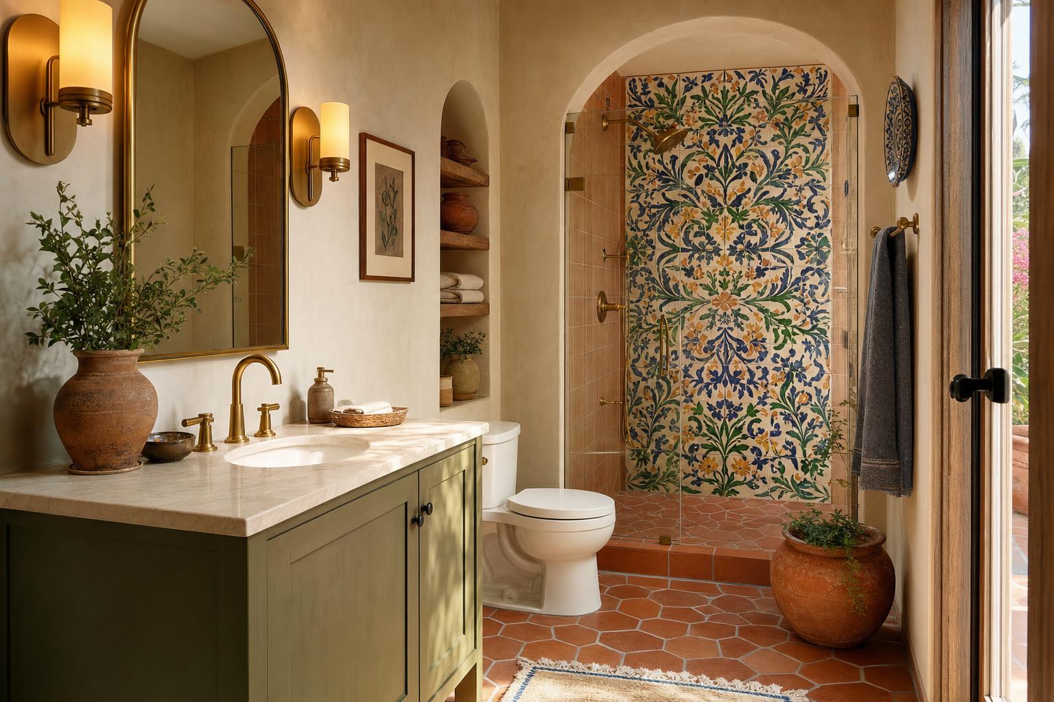 Mediterranean-style bathroom interior with terracotta floor tiles, brass fixtures, olive green vanity, arched shower, and colorful floral statement tile wall in warm natural light.