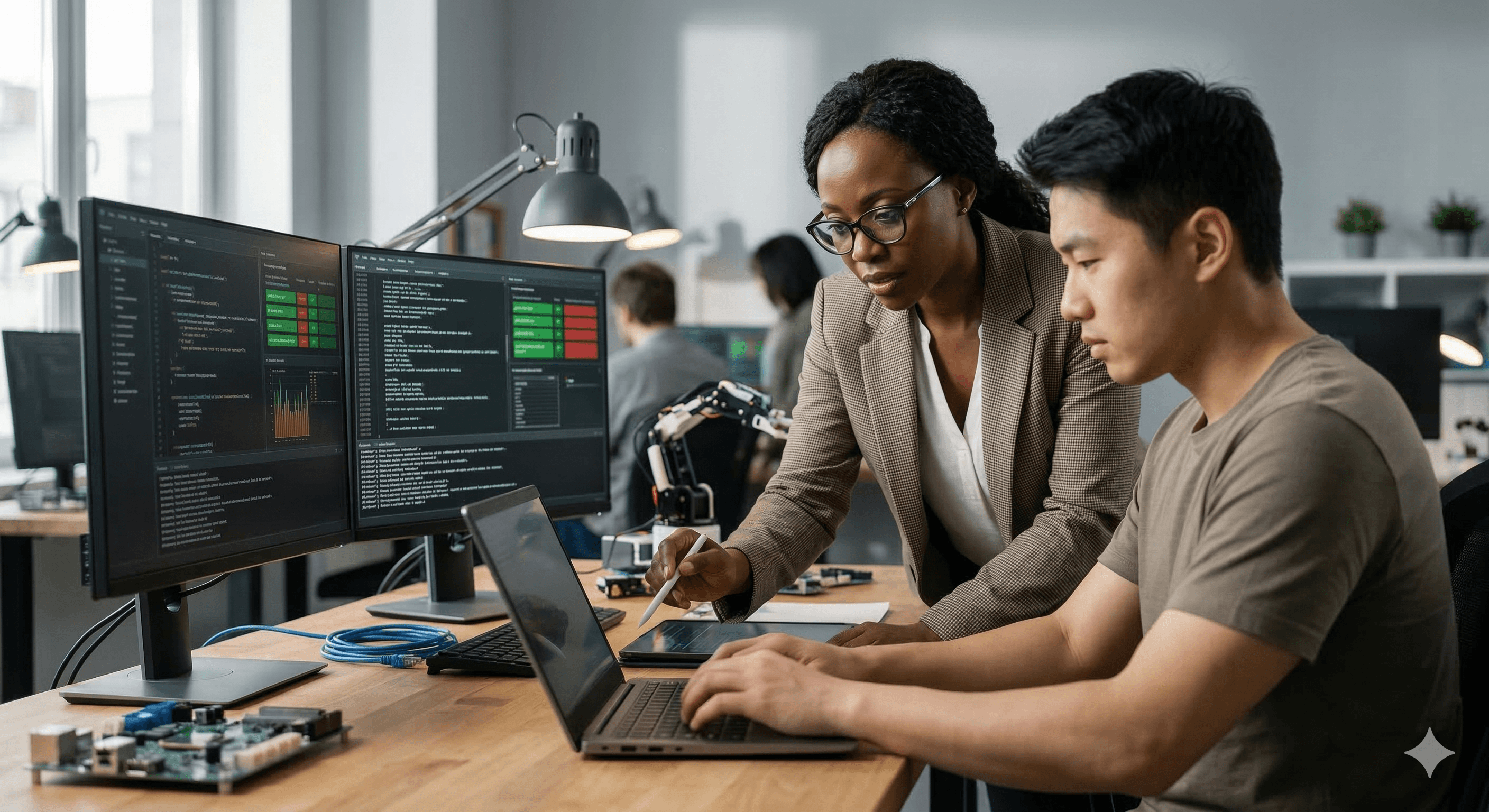 In a modern office, two professionals collaborate on a security testing project at a workstation with dual monitors displaying complex code, potentially relating to OpenAI's acquisition of Promptfoo for enhanced agent security testing.
