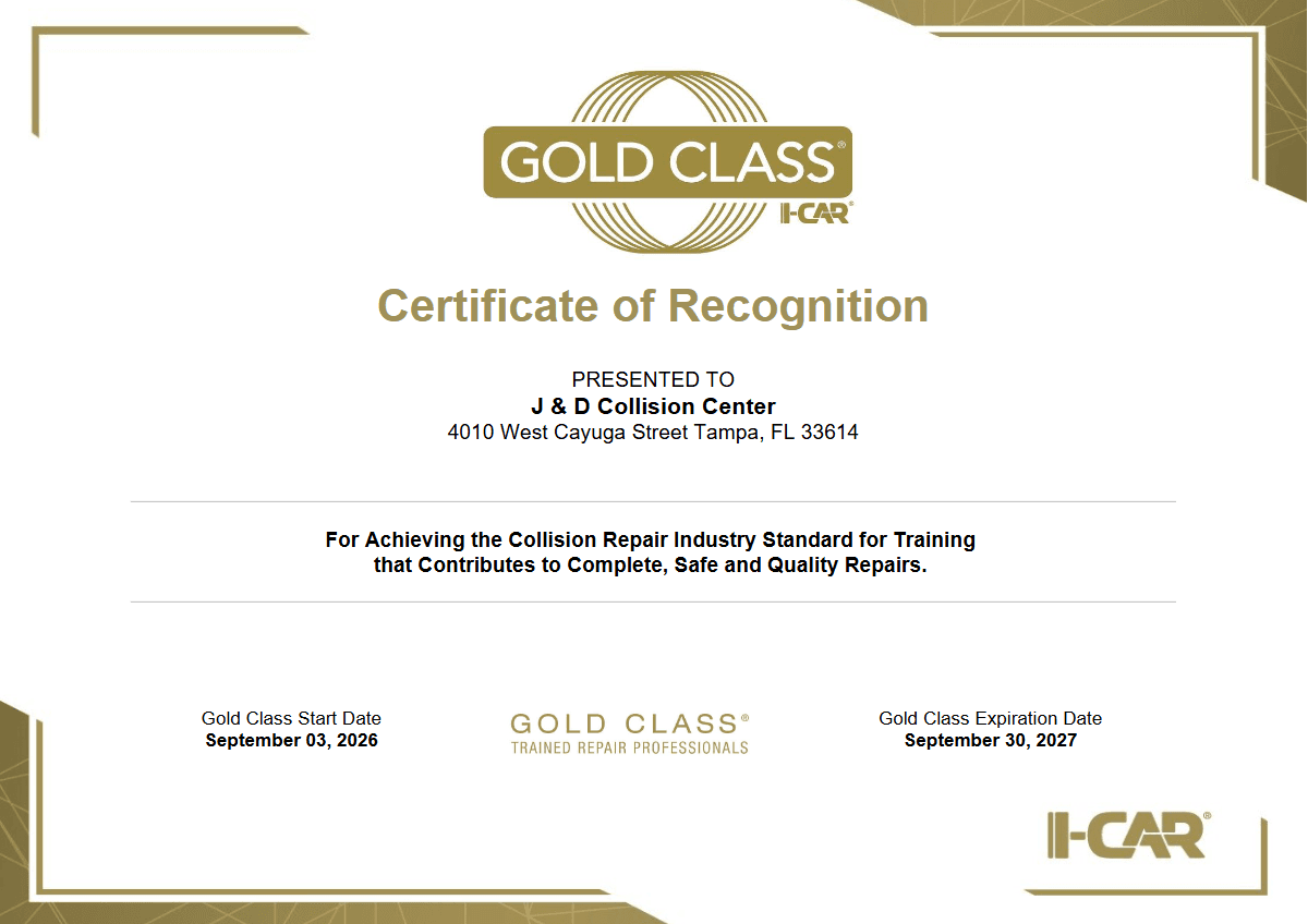 Official I-CAR Gold Class Certificate of Recognition for J&D Collision Center