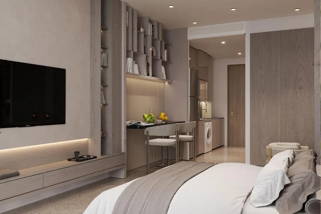  A modern bedroom featuring a flat screen TV mounted on the wall, showcasing a stylish and contemporary design.