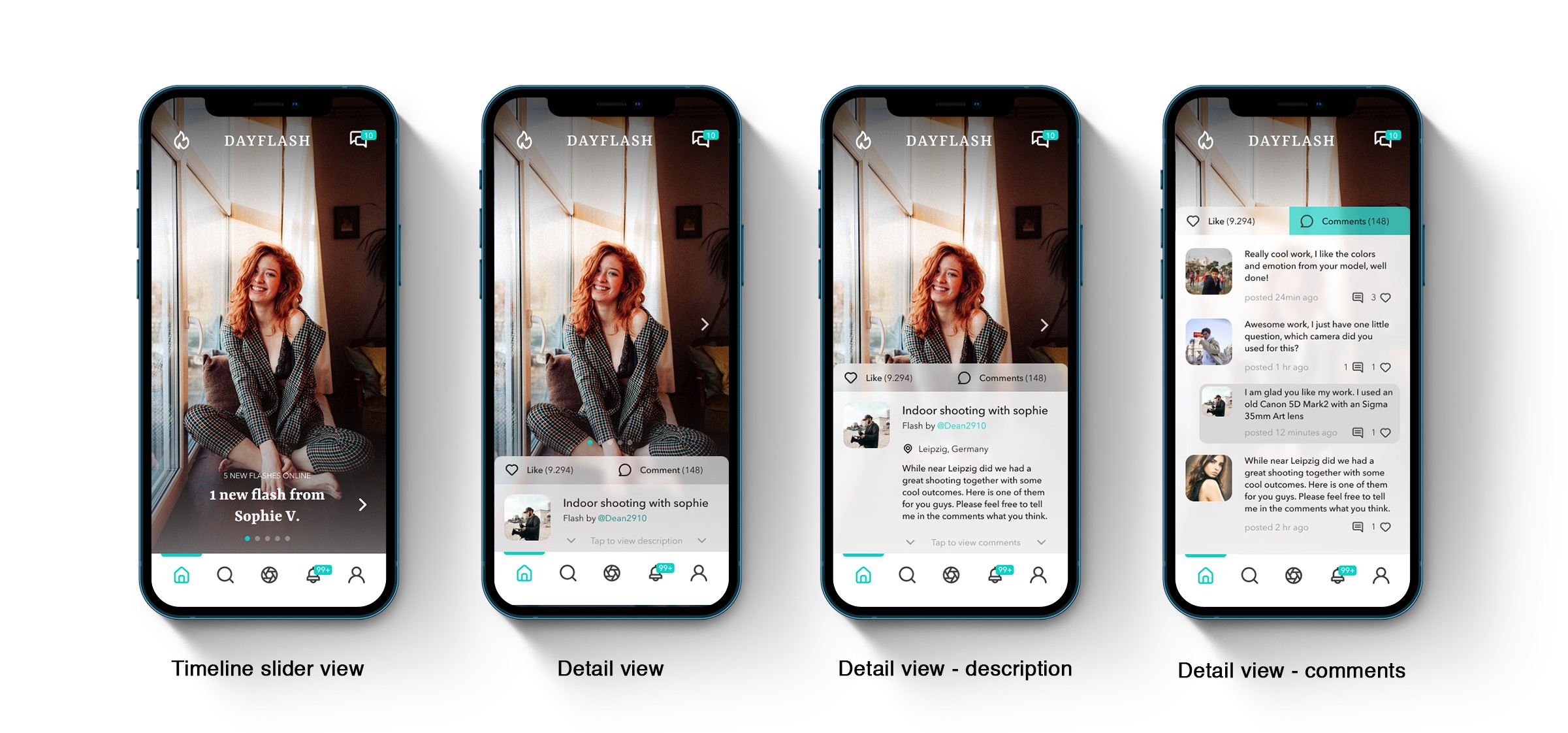 different screens for a photography social media app
