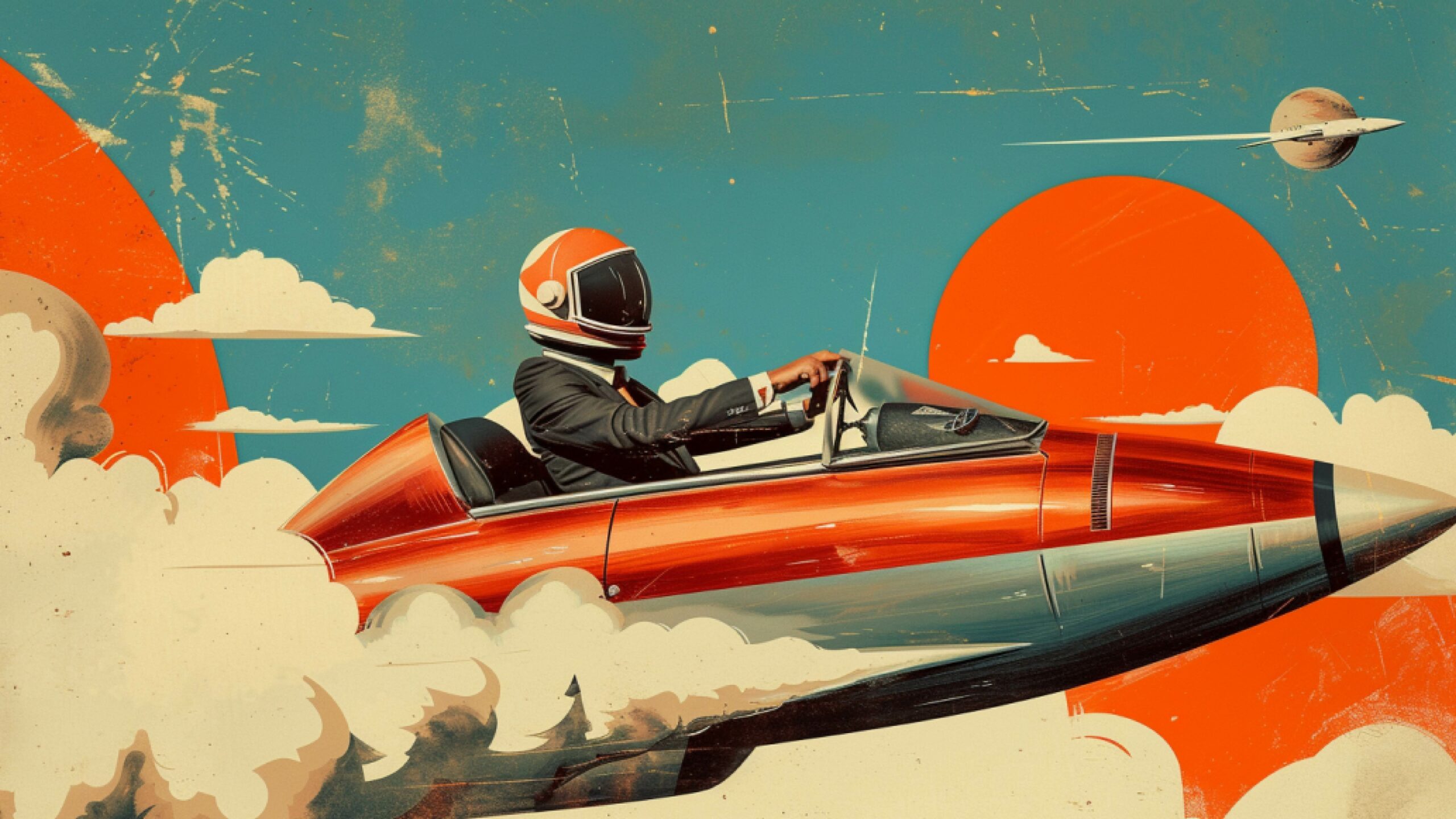 Man in suit and space helmet blasting off