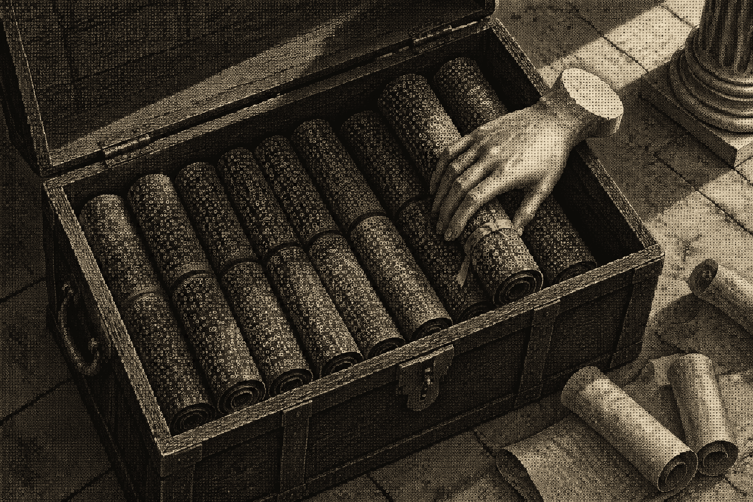 A marble hand laying the last scroll, tied with a pink ribbon, into a packed travel chest