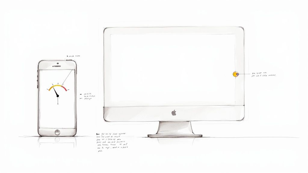 Sketch of smartphone displaying speed gauge next to desktop computer monitor with Apple logo