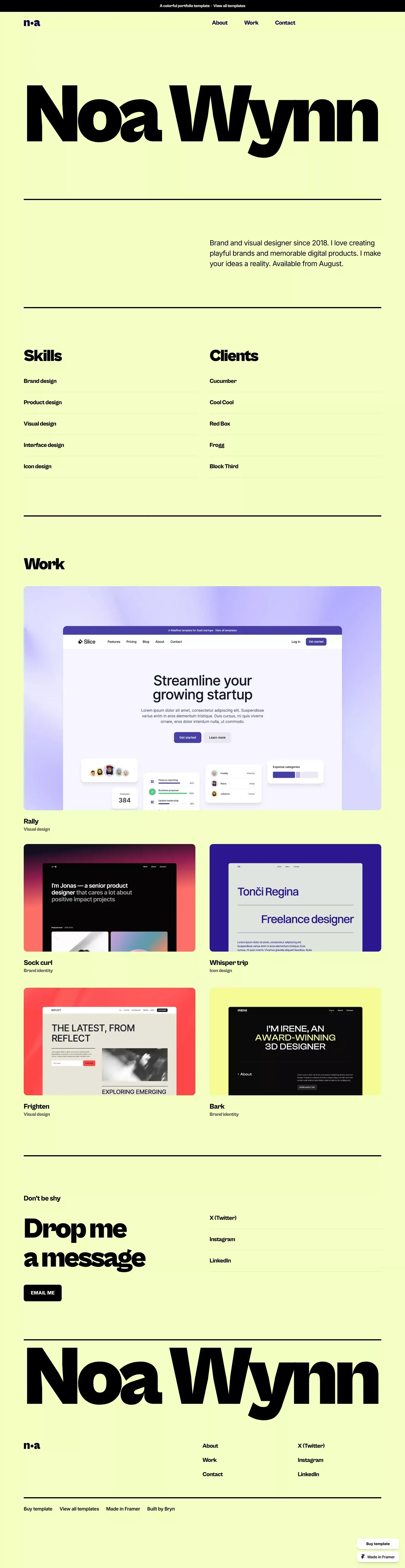 Noa Wynn - Portfolio Template for Framer portfolio page screenshot showcasing Design design