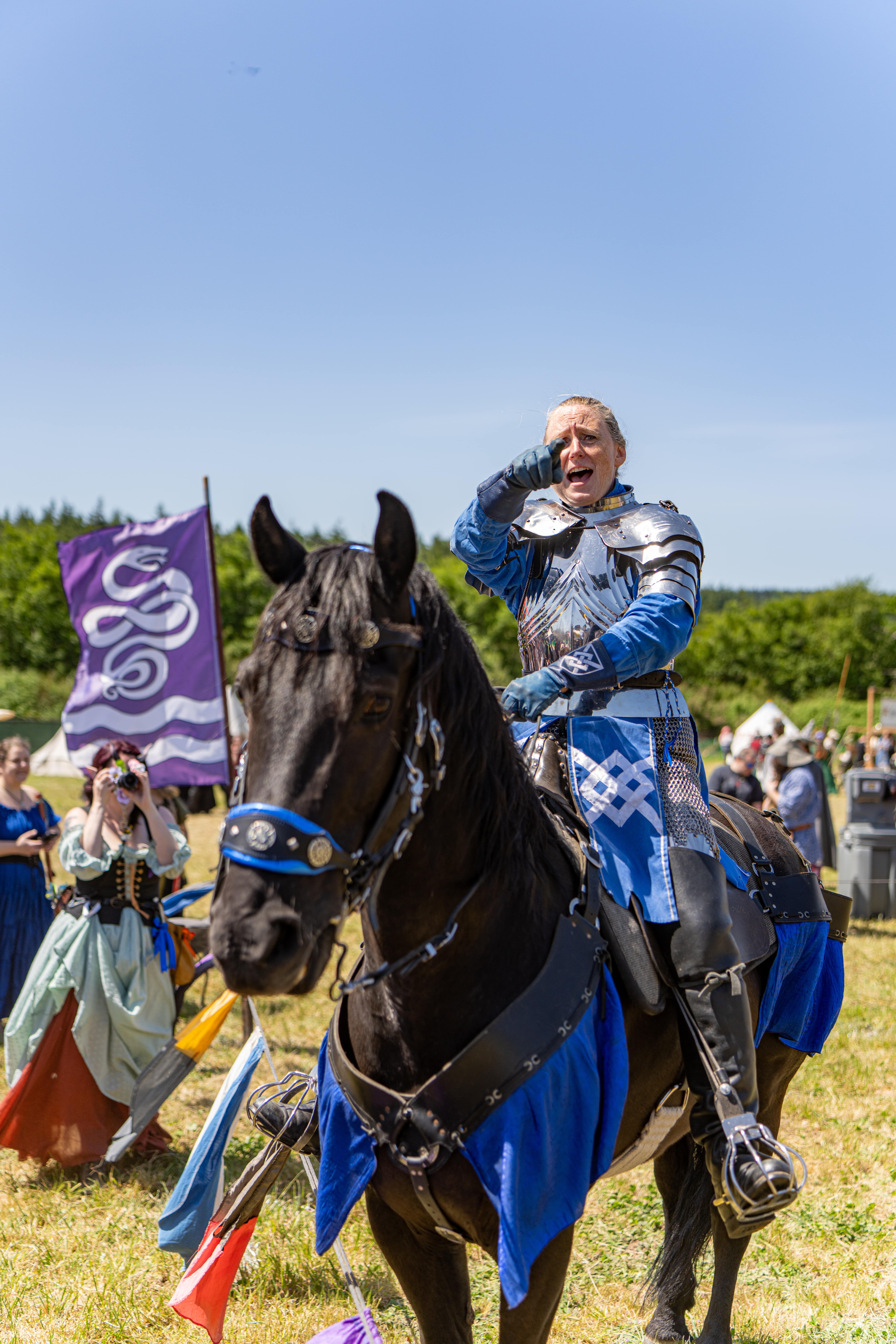 Knight on horse saluting photographer