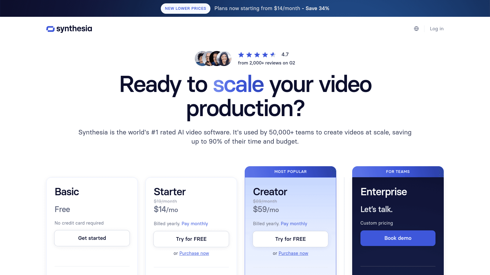 Synthesia pricing page showing subscription plans including Basic, Starter, Creator, and Enterprise options.