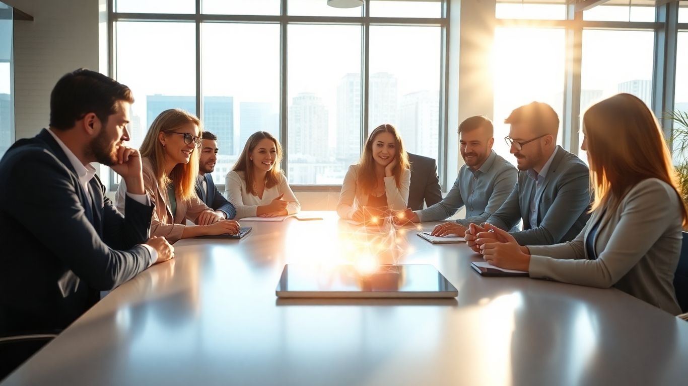 Business professionals collaborating with AI technology.