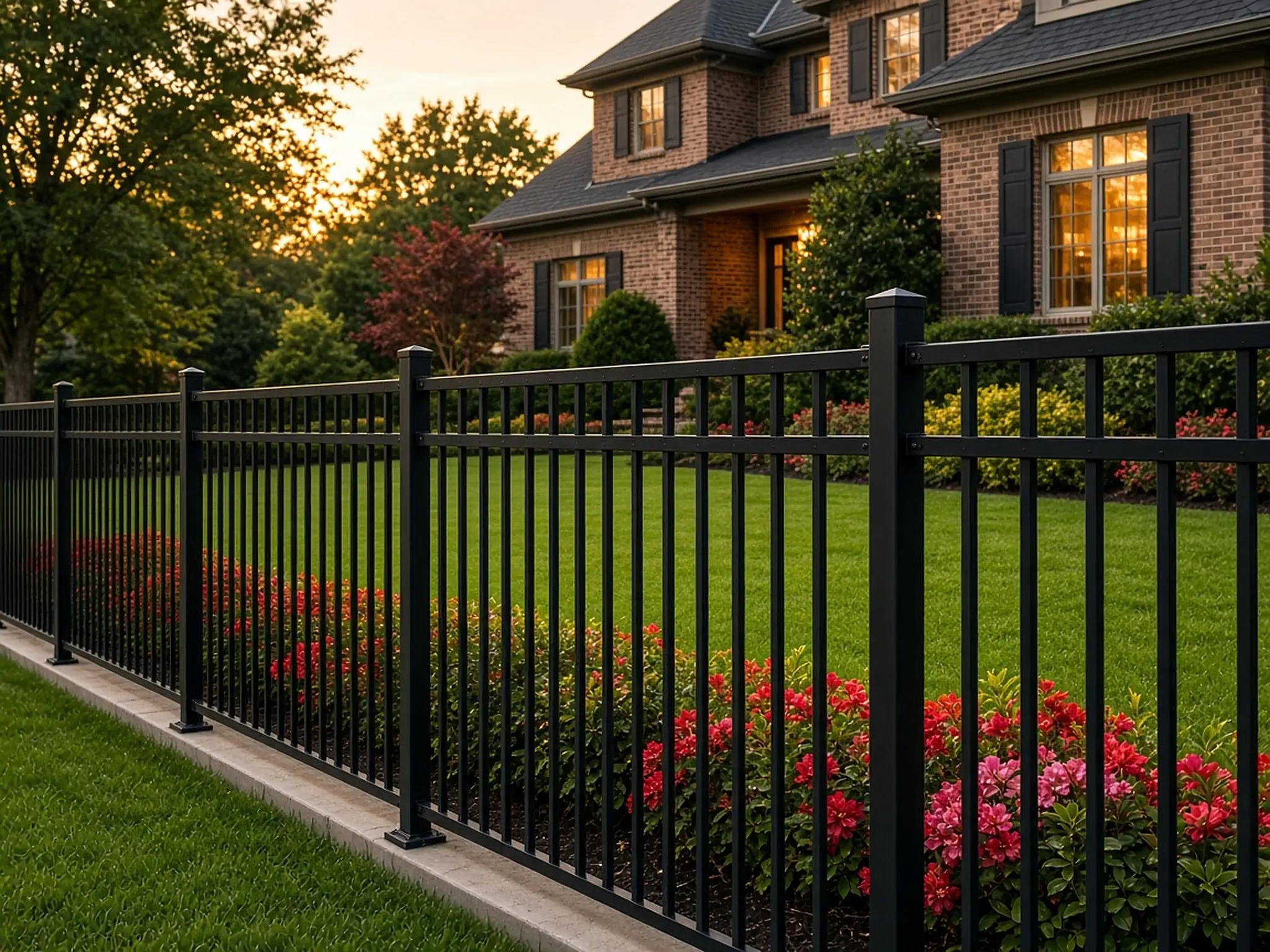 Black aluminum picket fence around a backyard