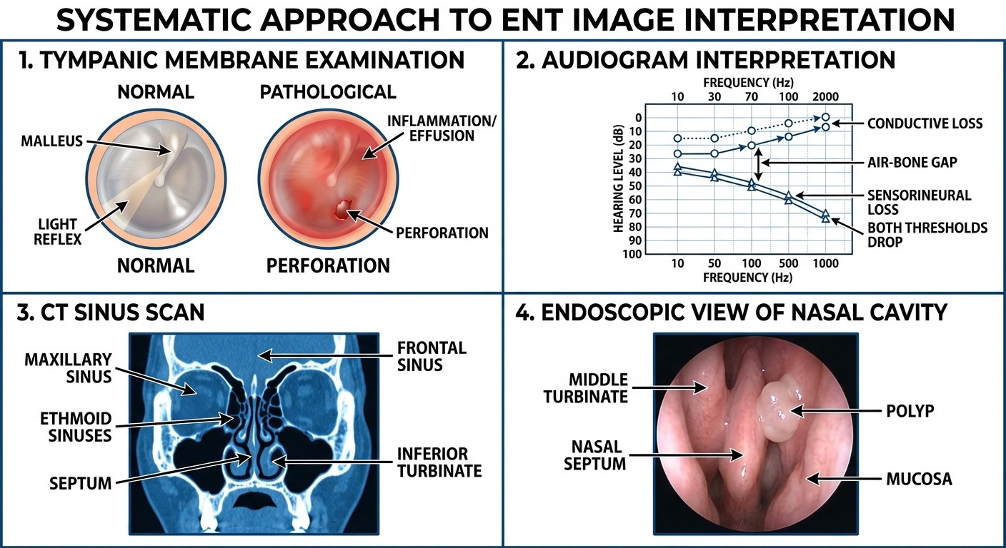 ENT image interpretation guide for NEET PG showing tympanic membrane, audiograms, CT scans and endoscopic views