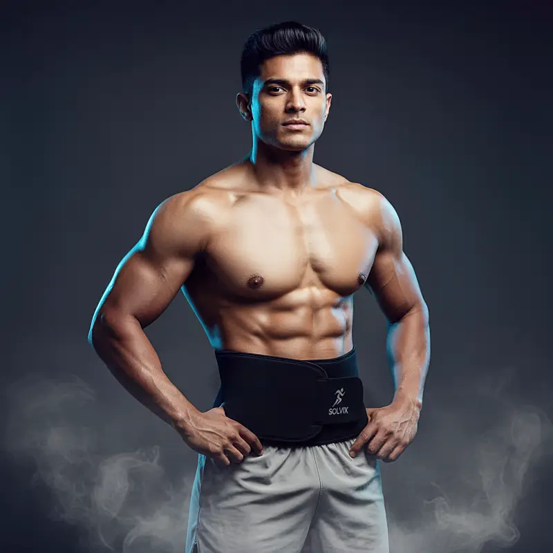 A muscular individual wearing a black workout waist trainer stands confidently against a smoky, dark background, showcasing defined abs and a focused expression, suitable for fitness and bodybuilding themes.
