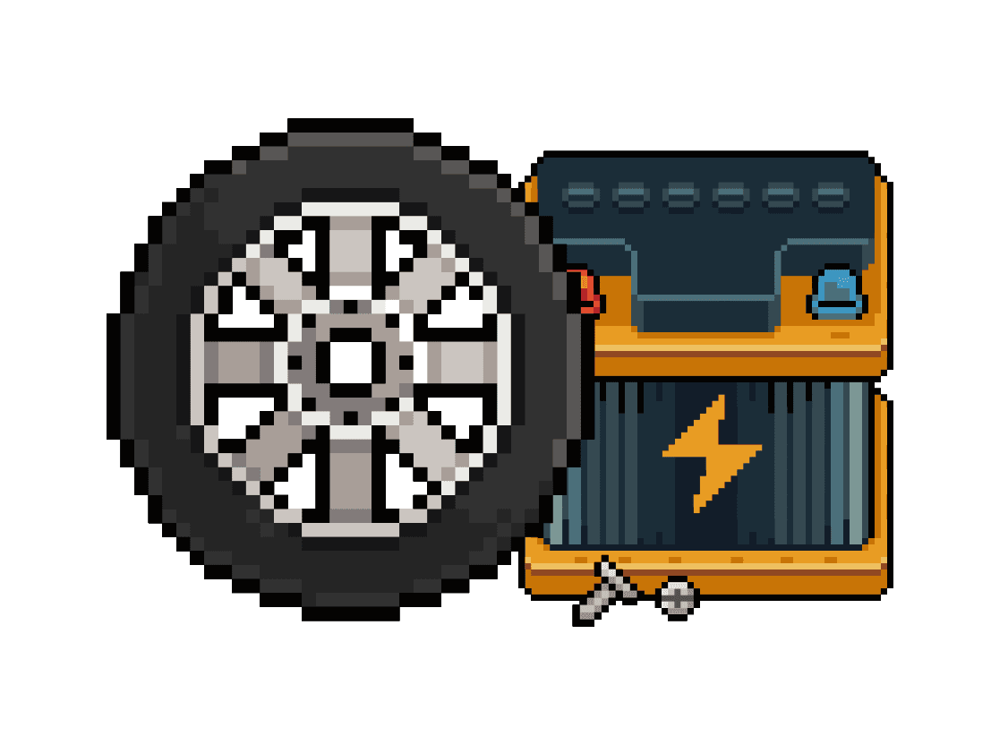 A pixel tire, gray car battery, and two metal screws nearby.