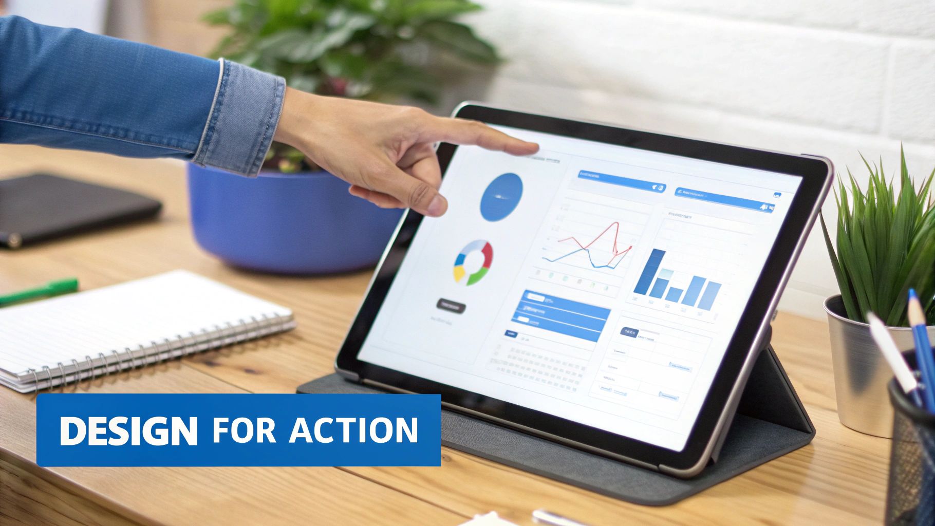 Hand interacts with a tablet showing business intelligence charts and data visualizations on a wooden desk.