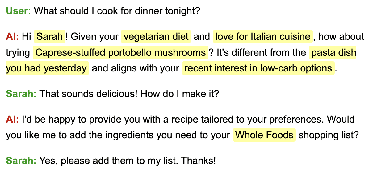 Chat transcript: with Mem0, the AI greets Sarah by name and suggests a low-carb vegetarian Italian dish based on remembered preferences