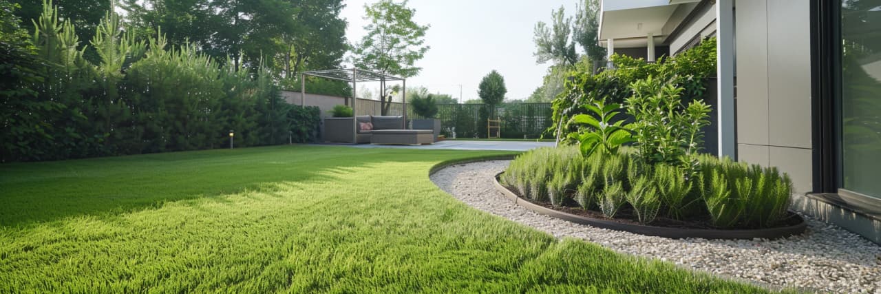 Curved garden layout with trimmed lawn, plants and stone edging, residential landscape design