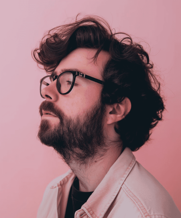 Bearded man in glasses against soft pink background.