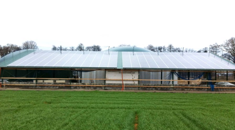 Solaranlage auf einem Dach. Grüne Wiese im Vordergrund. Nachhaltige Energie.