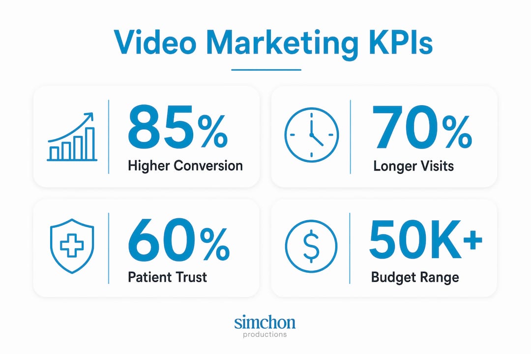 Infographic showing key healthcare video marketing metrics and benefits