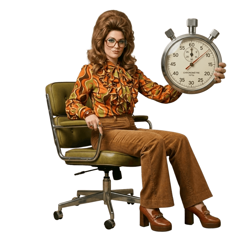Femme des années 70 assise dans un fauteuil et brandissant un chronomètre