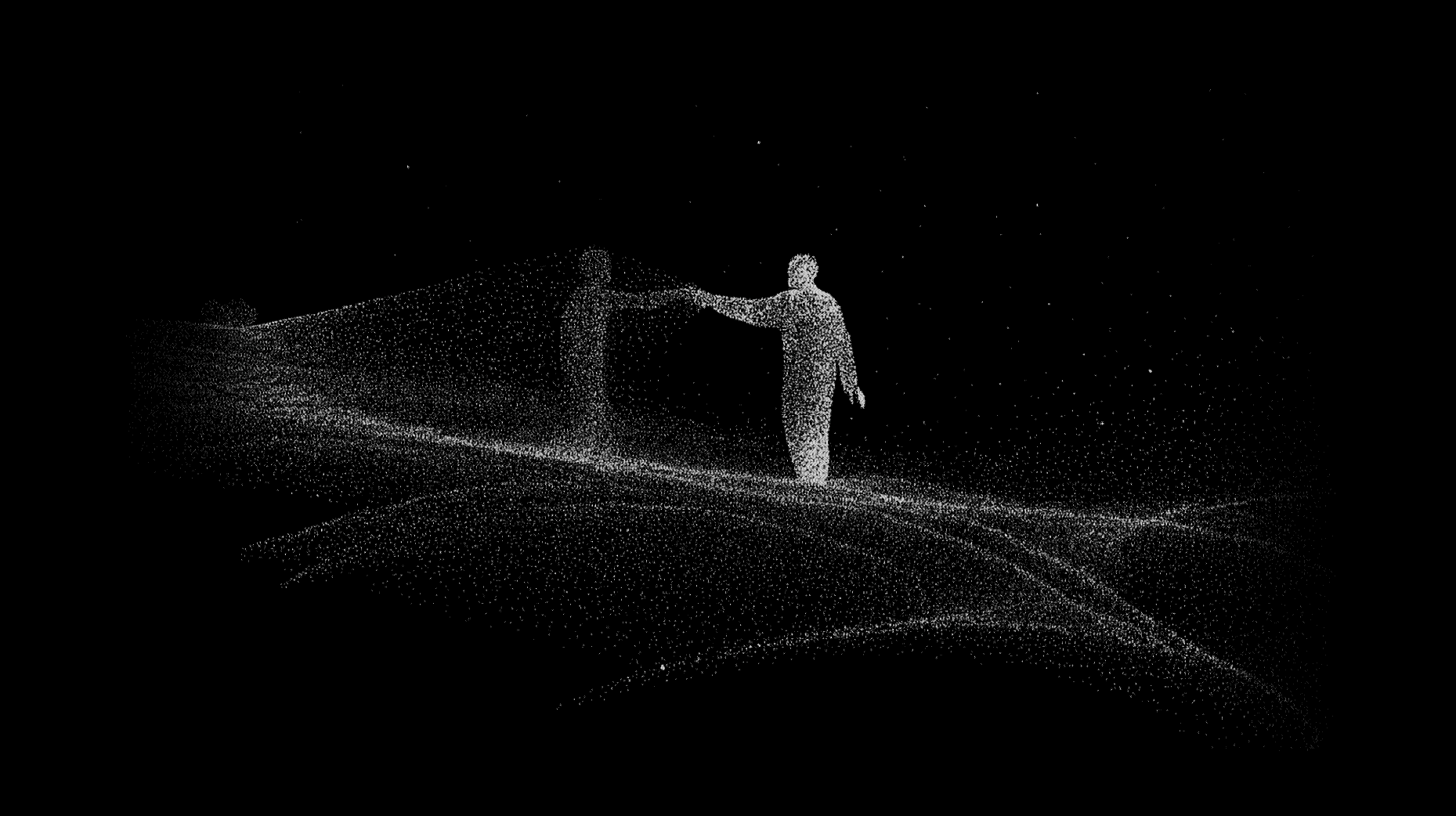 The guide through darkness one figure leading another by the hand through an uncertain landscape, the one ahead clearing the path, the one behind trusting the hold, white stippling on pure black, fine particle simulation, luminous pointillist rendering, monochrome scientific visualization, no color