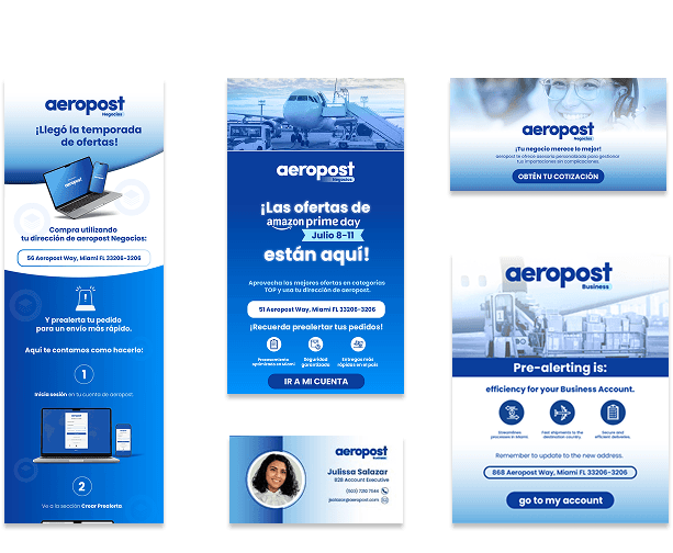 Collection of Aeropost B2B campaign and sales assets, including email campaigns, pre-alert communication, digital banners, social media content, and a sales contact card.