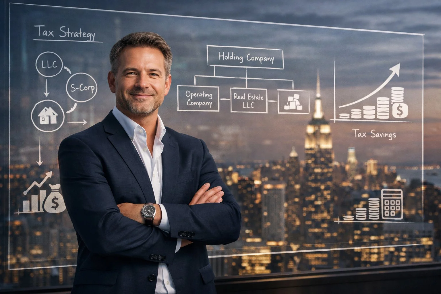 NYC business owner studies screen with tax strategies and saving plans