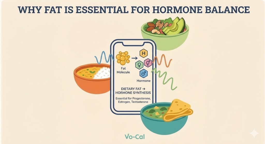 An infographic illustrating how dietary fat is converted to hormones in the body, with healthy food bowls and a smartphone displaying data.